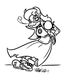 Size: 410x478 | Tagged: safe, artist:jargon scott, bowser (mario), fictional species, koopa, reptile, anthro, mario (series), nintendo, black and white, boots, choker, clothes, dress, female, grayscale, horns, looking at you, low res, monochrome, princess, rule 63, shoes, simple background, solo, solo female, spiked choker, topwear, torn clothes, vest, white background