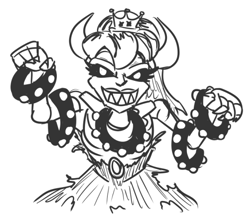 Size: 559x488 | Tagged: safe, artist:jargon scott, bowser (mario), animal humanoid, fictional species, koopa, mammal, reptile, humanoid, mario (series), nintendo, black and white, black sclera, bone, bowsette (mario), choker, clothes, colored sclera, crown, dress, dry bowser (mario), evil grin, female, grayscale, grin, horns, jewelry, lipstick, makeup, monochrome, partial nudity, regalia, rule 63, sharp teeth, simple background, skeleton, smiling, solo, solo female, spiked choker, spiked wristband, super crown, teeth, topless, torn clothes, white background, wristband