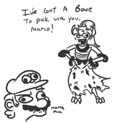 Size: 379x419 | Tagged: safe, artist:jargon scott, bowser (mario), cappy (mario), mario (mario), animal humanoid, fictional species, human, koopa, mammal, reptile, skeleton (undead), undead, humanoid, mario (series), nintendo, black and white, black sclera, bone, bowsette (mario), choker, clothes, colored sclera, crown, derp, dialogue, dress, dry bowser (mario), eyebrows, female, frowning, grayscale, group, hat, horns, jewelry, low res, male, monochrome, moustache, open mouth, partial nudity, pun, raised eyebrow, regalia, rule 63, sharp teeth, simple background, skeleton, smiling, super crown, talking, teeth, topless, torn clothes, trio, white background, wristband
