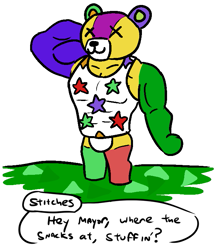 Size: 659x755 | Tagged: safe, artist:jargon scott, stitches (animal crossing), animate object, bear, fictional species, living plushie, mammal, anthro, animal crossing, nintendo, bottomless, character name, clothes, cub, dialogue, hand behind head, male, muscles, muscular male, nudity, partial nudity, plushie, shirt, simple background, smiling, solo, solo male, speech bubble, talking, topwear, white background, young