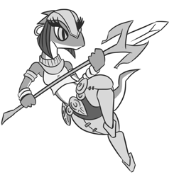 Size: 675x690 | Tagged: safe, artist:jargon scott, miura (ever oasis), drauk, lizard, reptile, anthro, ever oasis, nintendo, armor, bracelet, clothes, crop top, female, grayscale, headwear, holding object, jewelry, midriff, monochrome, polearm, simple background, slit pupils, solo, solo female, spear, tail, topwear, weapon, white background