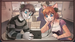 Size: 1012x570 | Tagged: safe, artist:iskra, oc, oc:vera (iskra), cat, feline, mammal, anthro, blue eyes, clothes, duo focus, female, group, headphones, male, palm pads, paw pads, paws, sharing headphones, smiling, trio