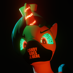 Size: 1500x1500 | Tagged: safe, artist:deedeeteearts, oc, oc:supersaw, equine, fictional species, mammal, pony, unicorn, feral, hasbro, my little pony, 3d, angry, blender, clothes, glowing, glowing horn, halloween, hat, holiday, horn, low angle, magic, mask, nurse hat, tail, tail wraps, wraps