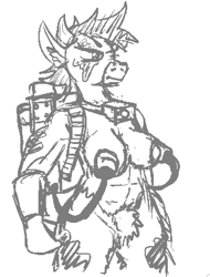 Size: 652x858 | Tagged: dead source, suggestive, artist:jargon scott, bovid, fictional species, mammal, minotaur, anthro, abs, backpack, breasts, collar, cowbell, female, fluff, grayscale, milking machine, monochrome, muscles, pubic fluff, simple background, solo, solo female, white background