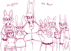 Size: 1280x915 | Tagged: dead source, safe, artist:mcsweezys, oc, oc only, oc:belle (mcsweezys), oc:benedict (mcsweezys), oc:gran bun (mcsweezys), oc:marie (mcsweezys), oc:nea (mcsweezys), oc:sam (mcsweezys), oc:stone (mcsweezys), lagomorph, mammal, rabbit, anthro, bags under eyes, belt, big breasts, blushing, book, bottomwear, breasts, buckteeth, cleavage, clothes, daughter, dress, family, female, gesture, glasses, grin, happy, holding object, jacket, lidded eyes, looking at you, male, mature, mature female, monochrome, mother, mother and child, mother and daughter, mother and son, pants, peace sign, shirt, simple background, smiling, son, sweater, teeth, text, topwear, white background