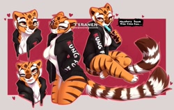 Size: 1396x886 | Tagged: suggestive, artist:teranen, master tigress (kung fu panda), big cat, feline, mammal, tiger, anthro, dreamworks animation, kung fu panda, 2020, barbie doll anatomy, belly button, breasts, chest fluff, claws, cleavage, clothes, colored sclera, dialogue, digital art, fangs, featureless breasts, female, fluff, food, fur, half-lidded eyes, heart, hoodie, long tail, looking at you, nudity, one eye closed, open clothes, orange body, orange fur, partial nudity, popsicle, red eyes, sea salt ice cream, sharp teeth, simple background, sitting, smiling, solo, solo female, speech bubble, striped fur, tail, tail fluff, talking, teeth, tongue, tongue out, topwear, watermark, white body, white fur, yellow sclera