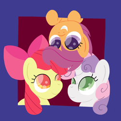Size: 1280x1280 | Tagged: safe, artist:darkest hour, apple bloom (mlp), scootaloo (mlp), sweetie belle (mlp), earth pony, equine, fictional species, mammal, pegasus, pony, unicorn, feral, friendship is magic, hasbro, my little pony, 2018, blue border, blue frame, border, bow, bust, colored pupils, curled hair, cutie mark crusaders (mlp), digital art, female, females only, filly, foal, frame, fur, gray body, gray fur, green eyes, green pupils, grin, group, hair, hair bow, hooves, horn, looking at each other, looking up, mane, minimalistic art, orange body, orange eyes, orange fur, pink hair, portrait, purple eyes, purple hair, purple pupils, raised leg, red background, red hair, red pupils, simple background, smiling, trio, trio female, upside down, yellow body, yellow fur, young