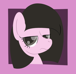 Size: 1038x1005 | Tagged: safe, artist:darkest hour, nameless oc, oc, oc only, equine, fictional species, mammal, pegasus, pony, feral, friendship is magic, hasbro, my little pony, 2018, border, bust, colored pupils, digital art, female, frame, frowning, fur, glaring, gray eyes, gray hair, grey pupils, hair, lidded eyes, looking at you, mane, mare, minimalistic art, portrait, purple background, purple body, purple border, purple frame, purple fur, simple background, solo, solo female, three-quarter view, wavy mouth
