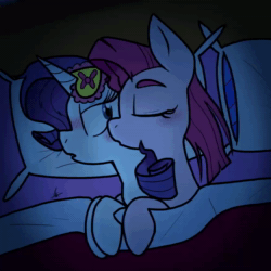 Size: 876x876 | Tagged: safe, artist:shelbysmol, pinkie pie (mlp), rarity (mlp), earth pony, equine, fictional species, mammal, pony, unicorn, feral, friendship is magic, hasbro, my little pony, 2d, 2d animation, animated, bed, blushing, cuddling, duo, duo female, female, female/female, females only, hug, no sound, pillow, raripie (mlp), shipping, sleeping, sleeping mask, webm