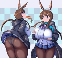Size: 961x900 | Tagged: suggestive, artist:kittenboogers, animal humanoid, fictional species, lagomorph, mammal, rabbit, humanoid, arknights, amiya (arknights), big breasts, big butt, blue eyes, breast grab, breast squish, breasts, brown hair, butt, carrot, clothes, curvy, female, food, hair, herbivore, holding, huge breasts, legwear, looking at you, looking back, mouth hold, plant, slightly chubby, solo, solo female, stockings, thick thighs, thighs, vegetables, voluptuous, wide hips