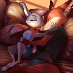 Size: 1800x1800 | Tagged: safe, artist:relaxableart, judy hopps (zootopia), nick wilde (zootopia), canine, fox, lagomorph, mammal, rabbit, red fox, anthro, disney, zootopia, 2020, bed, belt, bottomwear, clothes, digital art, duo, female, floppy ears, fur, gray body, gray fur, holding character, hug, interspecies, long ears, male, male/female, misleading thumbnail, on bed, pants, pillow, pink body, shipping, signature, sleeping, wildehopps (zootopia)