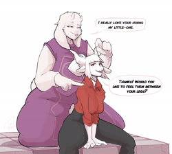 Size: 2250x2017 | Tagged: safe, artist:cumbread, lucifer (helltaker), toriel (undertale), bovid, caprine, goat, mammal, anthro, helltaker, undertale, bedroom eyes, big breasts, breasts, clothes, curvy, dialogue, duo, female, female/female, fingers, goat lucifer, hair, high res, huge breasts, kneeling, looking at each other, open mouth, pointing, red eyes, signature, simple background, sitting, slightly chubby, species swap, speech bubble, talking, text, thick thighs, thighs, white hair, wide hips