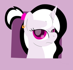 Size: 1022x978 | Tagged: safe, artist:darkest hour, nameless oc, oc, oc only, equine, fictional species, mammal, pony, unicorn, feral, friendship is magic, hasbro, my little pony, 2018, black hair, border, bust, colored pupils, digital art, ear piercing, earring, female, frame, frowning, fur, glaring, gray body, gray fur, hair, hair band, horn, jewelry, looking at you, mane, mare, minimalistic art, piercing, pink eyes, pink pupils, ponytail, portrait, purple background, purple border, purple eyes, purple frame, simple background, solo, solo female, three-quarter view, white hair