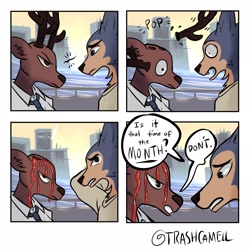 Size: 2048x2048 | Tagged: safe, artist:trashcamell, legoshi (beastars), louis (beastars), canine, cervid, deer, mammal, wolf, anthro, beastars, angry, antlers, bleeding, blood, blood on face, brown body, brown fur, cityscape, clothes, comic, cream body, cream fur, fur, gray body, gray fur, high res, male, necktie, shedding, shirt, shrunken pupils, speech bubble, surprised, topwear