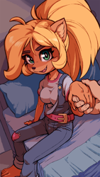 Size: 1642x2920 | Tagged: safe, artist:plague of gripes, coco bandicoot (crash bandicoot), bandicoot, human, mammal, marsupial, anthro, cc by-nc, crash bandicoot (series), creative commons, 2020, barefoot, bed, belt, blonde hair, bottomwear, bracelet, breasts, brown body, brown fur, claws, clothes, cute, digital art, ears, female, female focus, fur, green eyes, hair, hands, holding hands, human/anthro, illustration, indoors, interspecies, jewelry, looking at you, male, male/female, offscreen character, open mouth, overalls, shirt, sitting, solo focus, t-shirt, topwear