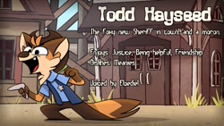 Size: 1280x720 | Tagged: safe, artist:piemations, todd hayseed (sheriff hayseed), canine, fox, mammal, red fox, anthro, sheriff hayseed, 16:9, 2019, black eyes, boomerang, brown body, brown fur, building, cheek fluff, clothes, digital art, fangs, fluff, front view, fur, hand hold, hat, holding, looking at you, male, neck fluff, open mouth, orange body, orange fur, outdoors, reference sheet, sharp teeth, solo, solo male, stetson, tan body, tan fur, teeth, tongue