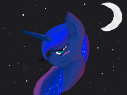 Size: 1080x810 | Tagged: safe, artist:tunrae, princess luna (mlp), alicorn, equine, fictional species, mammal, pony, feral, friendship is magic, hasbro, my little pony, blushing, bust, constellation, crescent moon, female, looking at you, moon, solo, solo female