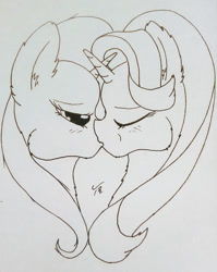 Size: 1138x1432 | Tagged: safe, artist:tunrae, starlight glimmer (mlp), trixie (mlp), equine, fictional species, mammal, pony, unicorn, ambiguous form, friendship is magic, hasbro, my little pony, blushing, bust, female, female/female, kissing, mare, monochrome, shipping, startrix (mlp), traditional art