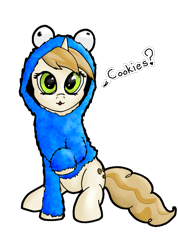 Size: 731x1027 | Tagged: safe, artist:tunrae, cookie monster (sesame street), sweet biscuit (mlp), equine, fictional species, mammal, pony, unicorn, feral, friendship is magic, hasbro, my little pony, pbs, sesame street, clothes, cosplay, costume, crossover, cute, dialogue, female, hoodie, looking at you, mare, monster costume, simple background, solo, solo female, talking, talking to viewer, text, topwear, transparent background