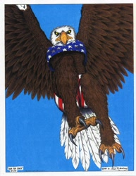 Size: 2523x3264 | Tagged: safe, artist:james m hardiman, oc, oc only, oc:liberty (james m hardiman), bald eagle, bird, bird of prey, eagle, anthro, 1997, 20th century, beak, blue background, claws, clothes, feathered wings, feathers, female, high res, looking at you, looking down, looking down at you, low angle, signature, simple background, solo, solo female, spread wings, stars and stripes, talons, wings