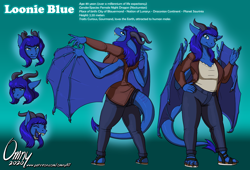 Size: 1600x1089 | Tagged: safe, artist:omny87, oc, oc:loonie blue, dragon, fictional species, reptile, anthro, angry, blue body, blue eyes, blue hair, blue tongue, clothes, colored tongue, commission, dragoness, female, forked tongue, front view, hair, horns, looking at you, looking back, looking back at you, reference sheet, reptile feet, sad, sharp teeth, slightly chubby, smiling, solo, solo female, spread wings, standing, tail, teeth, tongue, wings