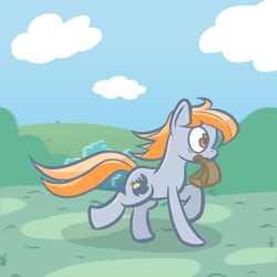 Size: 2560x2560 | Tagged: safe, artist:darkest hour, oc, oc only, oc:darkest hour, earth pony, equine, fictional species, mammal, pony, feral, friendship is magic, hasbro, my little pony, 2019, bush, cloud, cutie mark, delivery service, digital art, female, food delivery, fur, galloping, grass, gray body, gray fur, hair, high res, hill, holding, mane, mare, motion blur, mouth hold, orange eyes, orange hair, outdoors, paper bag, running, side view, sky, solo, solo female, stopwatch, wide eyes