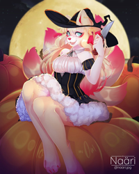 Size: 960x1200 | Tagged: safe, artist:naari_jpg, oc, oc only, canine, mammal, wolf, anthro, digitigrade anthro, clothes, commission, costume, cute, female, fluff, food, halloween, halloween costume, hat, holiday, knife, looking at you, open mouth, pumpkin, signature, sitting, smiling, solo, solo female, vegetables, ych result