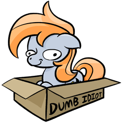 Size: 2228x2228 | Tagged: safe, artist:darkest hour, oc, oc only, oc:darkest hour, earth pony, equine, fictional species, mammal, pony, feral, friendship is magic, hasbro, my little pony, 2019, box, cutie mark, derp, digital art, female, floppy ears, fur, gray body, gray fur, hair, high res, mane, mare, orange hair, reaction image, self-deprecation, silly, simple background, sitting, smiling, solo, solo female, tail, three-quarter view, transparent background