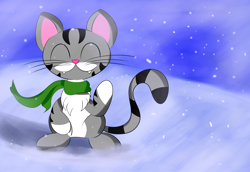 Size: 3100x2127 | Tagged: safe, artist:almaustral, oc, oc only, cat, feline, mammal, feral, 2014, clothes, eyes closed, high res, scarf, smiling, snow, solo