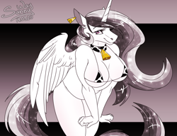 Size: 1200x922 | Tagged: suggestive, artist:sunny way, princess celestia (mlp), alicorn, equine, fictional species, mammal, pony, anthro, friendship is magic, hasbro, my little pony, anthrofied, artwork, bell, bikini, bra, breasts, clothes, collar, cowbell, cowlestia, cute, digital art, female, got milk, horn, mare, milk, mommy, monochrome, moo, onomatopoeia, patreon reward, sketch, slightly chubby, smiling, solo, solo female, swimsuit, text, thick, underwear, wings