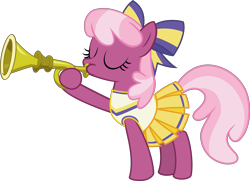 Size: 7761x5627 | Tagged: dead source, safe, artist:pink1ejack, cheerilee (mlp), earth pony, equine, fictional species, mammal, pony, feral, friendship is magic, hasbro, my little pony, 2016, absurd resolution, blowing, bottomwear, bow, bugle, cheerleader, cheerleader outfit, clothes, cute, eyes closed, female, hair bow, holding, hoof hold, hooves, inkscape, mare, on model, playing, pleated skirt, simple background, skirt, solo, solo female, tail, transparent background, vector