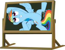 Size: 13800x10682 | Tagged: dead source, safe, artist:pink1ejack, rainbow dash (mlp), equine, fictional species, mammal, pegasus, pony, feral, friendship is magic, hasbro, my little pony, 2016, absurd resolution, chalkboard, feathered wings, feathers, female, mare, on model, simple background, smiling, solo, solo female, spread wings, tail, transparent background, vector, wings