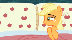 Size: 13749x7677 | Tagged: dead source, safe, artist:pink1ejack, applejack (mlp), earth pony, equine, fictional species, mammal, pony, feral, friendship is magic, hasbro, my little pony, 2016, absurd resolution, bed, bedroom eyes, female, freckles, lidded eyes, mare, on model, pillow, smiling, solo, solo female, tail, vector
