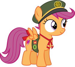 Size: 7554x6829 | Tagged: dead source, safe, artist:pink1ejack, scootaloo (mlp), equine, fictional species, mammal, pegasus, pony, feral, friendship is magic, hasbro, my little pony, 2016, absurd resolution, cap, clothes, cute, feathered wings, feathers, female, filly, foal, on model, simple background, smiling, solo, solo female, tail, transparent background, vector, wings, young