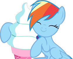 Size: 10271x8317 | Tagged: dead source, safe, artist:pink1ejack, rainbow dash (mlp), equine, fictional species, mammal, pegasus, pony, feral, friendship is magic, hasbro, my little pony, 2016, absurd resolution, cute, eyes closed, female, food, ice cream, ice cream cone, mare, on model, simple background, smiling, solo, solo female, transparent background, vector