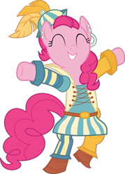 Size: 6128x8556 | Tagged: dead source, safe, artist:pink1ejack, pinkie pie (mlp), earth pony, equine, fictional species, mammal, pony, feral, friendship is magic, hasbro, my little pony, 2016, absurd resolution, bard, bipedal, clothes, eyes closed, fantasy class, female, happy, mare, on model, raised leg, roleplaying, simple background, smiling, solo, solo female, tail, transparent background, vector