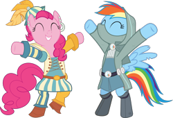Size: 12645x8583 | Tagged: dead source, safe, artist:pink1ejack, pinkie pie (mlp), rainbow dash (mlp), earth pony, equine, fictional species, mammal, pegasus, pony, feral, friendship is magic, hasbro, my little pony, 2016, absurd resolution, bard, bipedal, clothes, duo, duo female, eyes closed, fantasy class, feathered wings, feathers, female, happy, mare, on model, raised leg, rogue, roleplaying, simple background, smiling, tail, transparent background, vector, wings