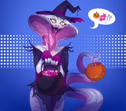 Size: 1143x1000 | Tagged: safe, artist:fivel, torque (x-com), fictional species, reptile, snake, viper (x-com), anthro, naga, x-com, clothes, costume, female, forked tongue, halloween, halloween costume, hat, holiday, long tongue, open mouth, solo, solo female, tongue, tongue out, witch hat