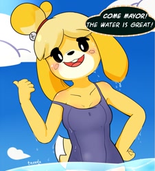 Size: 1159x1280 | Tagged: safe, artist:ineedanaccount, isabelle (animal crossing), canine, dog, mammal, shih tzu, anthro, animal crossing, nintendo, blushing, clothes, dialogue, female, looking at you, one-piece swimsuit, smiling, solo, solo female, swimsuit, talking, water, wet