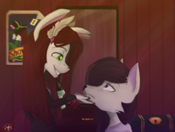 Size: 1200x900 | Tagged: safe, artist:starsweat, canine, lagomorph, mammal, rabbit, wolf, anthro, 2020, clothes, female, grin, looking at each other, male