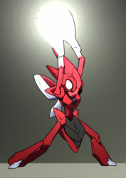 Size: 2480x3508 | Tagged: safe, artist:mikiluque, arthropod, insect, scizor, anthro, unguligrade anthro, cc by-nc, creative commons, nintendo, pokémon, 2020, high res, hooves, lighting, male, red body, solo, solo male