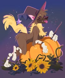 Size: 1707x2048 | Tagged: safe, artist:furbakery, oc, oc only, canine, dog, mammal, semi-anthro, 2020, brown body, brown fur, clothes, female, flower, food, fur, hat, knife, lidded eyes, looking at you, pumpkin, raised leg, smiling, smiling at you, solo, solo female, sunflower, tongue, tongue out, vegetables, white body, white fur, witch hat