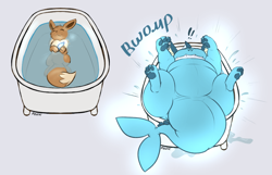 Size: 1050x675 | Tagged: safe, artist:posexe, eevee, eeveelution, fictional species, mammal, vaporeon, feral, nintendo, pokémon, 2020, ambiguous gender, bathtub, blue body, brown body, brown fur, eyes closed, fur, inflation, lying down, on back, paw pads, paws, simple background, smiling, transformation, underpaw, water, water inflation, white background