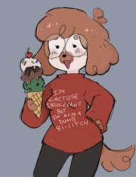 Size: 870x1130 | Tagged: safe, artist:meowserghost, canine, dog, mammal, anthro, blushing, bottomwear, brown body, brown fur, clothes, female, food, freckles, fur, glasses, ice cream, ice cream cone, multicolored fur, pants, round glasses, shirt, simple background, solo, solo female, sweater, text, text on clothing, text on shirt, text on topwear, tongue, tongue out, topwear, two toned body, two toned fur, white body, white fur
