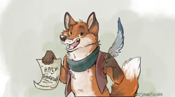 Size: 640x357 | Tagged: safe, artist:spain fischer, canine, fox, mammal, red fox, feral, redwall, clothes, low res, parchment, quill, scarf, solo, topwear, vest, whiskers