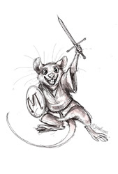 Size: 640x944 | Tagged: safe, artist:spain fischer, mammal, mouse, rodent, feral, redwall, grayscale, monochrome, shield, simple background, sword, tunic, weapon, white background