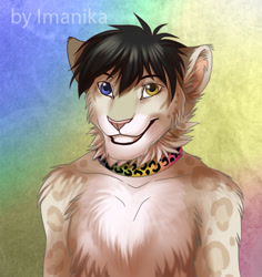 Size: 488x516 | Tagged: safe, artist:imanika, big cat, feline, leopard, mammal, anthro, blue eyes, chest fluff, choker, fluff, green eyes, grin, heterochromia, looking at you, male, smiling, solo, solo male