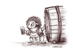 Size: 640x434 | Tagged: safe, artist:spain fischer, hedgehog, mammal, anthro, plantigrade anthro, redwall, alcohol, apron, barrel, beer, clothes, drink, grayscale, monochrome, solo