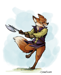 Size: 813x1000 | Tagged: safe, artist:spain fischer, canine, fox, mammal, anthro, digitigrade anthro, redwall, axe, clothes, shirt, solo, topwear, weapon