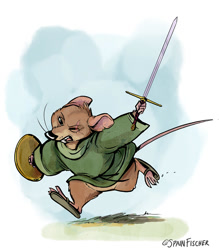 Size: 876x1000 | Tagged: safe, artist:spain fischer, mammal, mouse, rodent, anthro, feral, plantigrade anthro, redwall, eye scar, scar, shield, sword, weapon